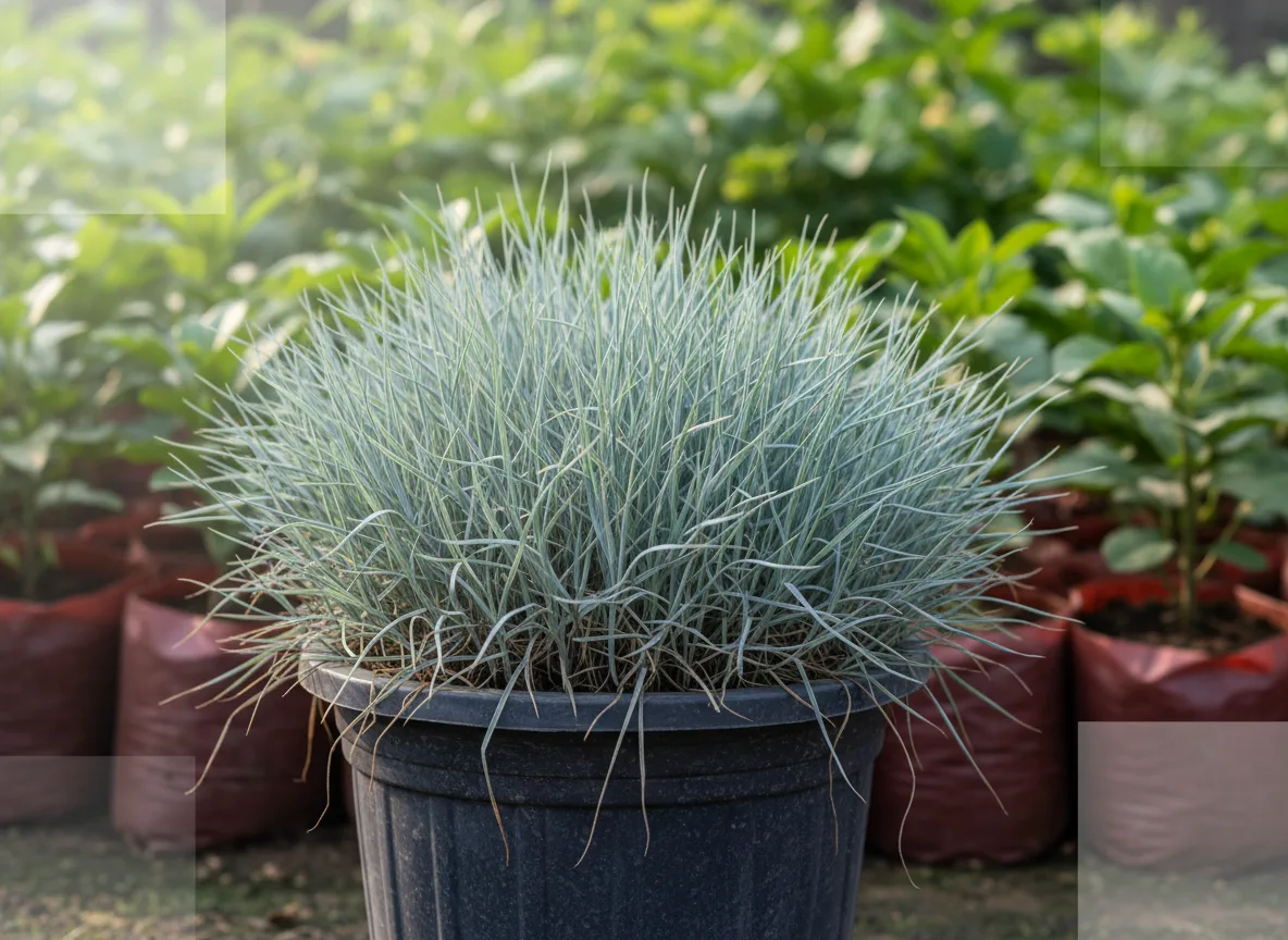 A healthy clump of Blue Fescue grass with its distinct silvery-blue foliage, potted for sale at a nursery in Coimbatore.