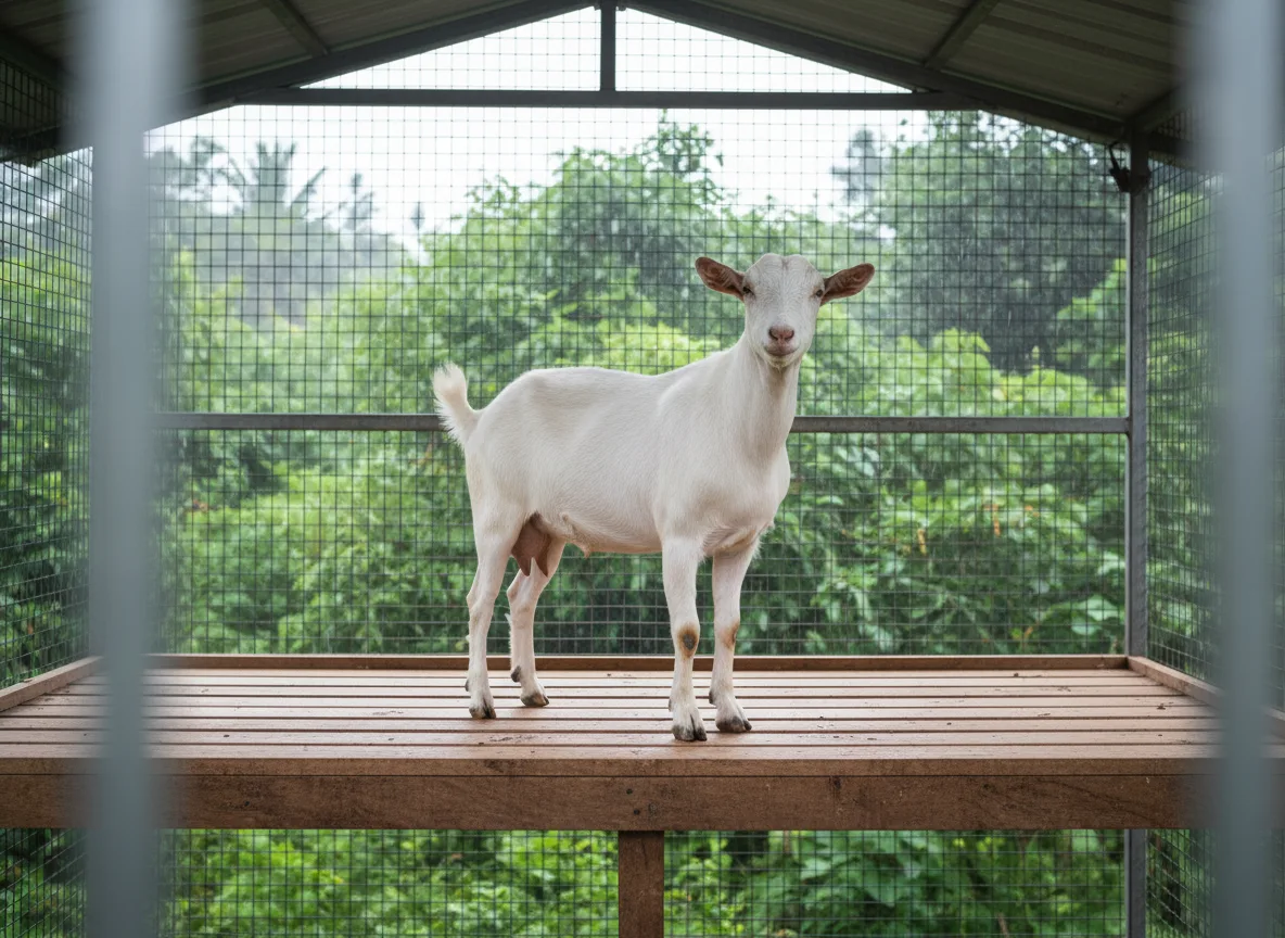 A healthy Boer goat buck standing on a raised wooden platform in a well-ventilated shed, ideal for farming in the Konkan region.