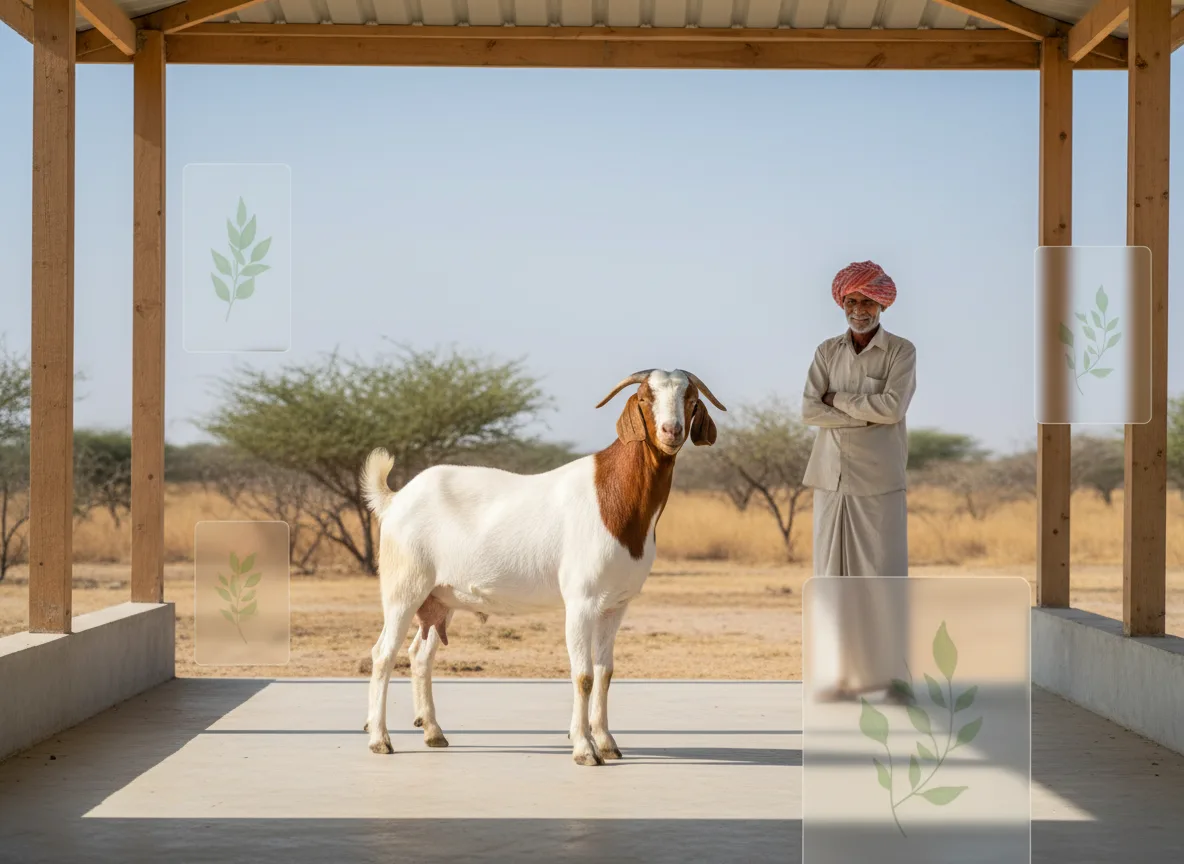 A farmer in Kutch, Gujarat, inspects a healthy Boer goat buck in a well-maintained farm shed.