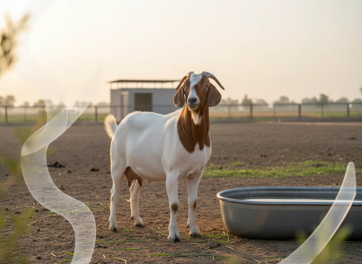 A prime Boer buck with a white body and brown head standing in a farm paddock in Saurashtra, representing profitable goat farming.