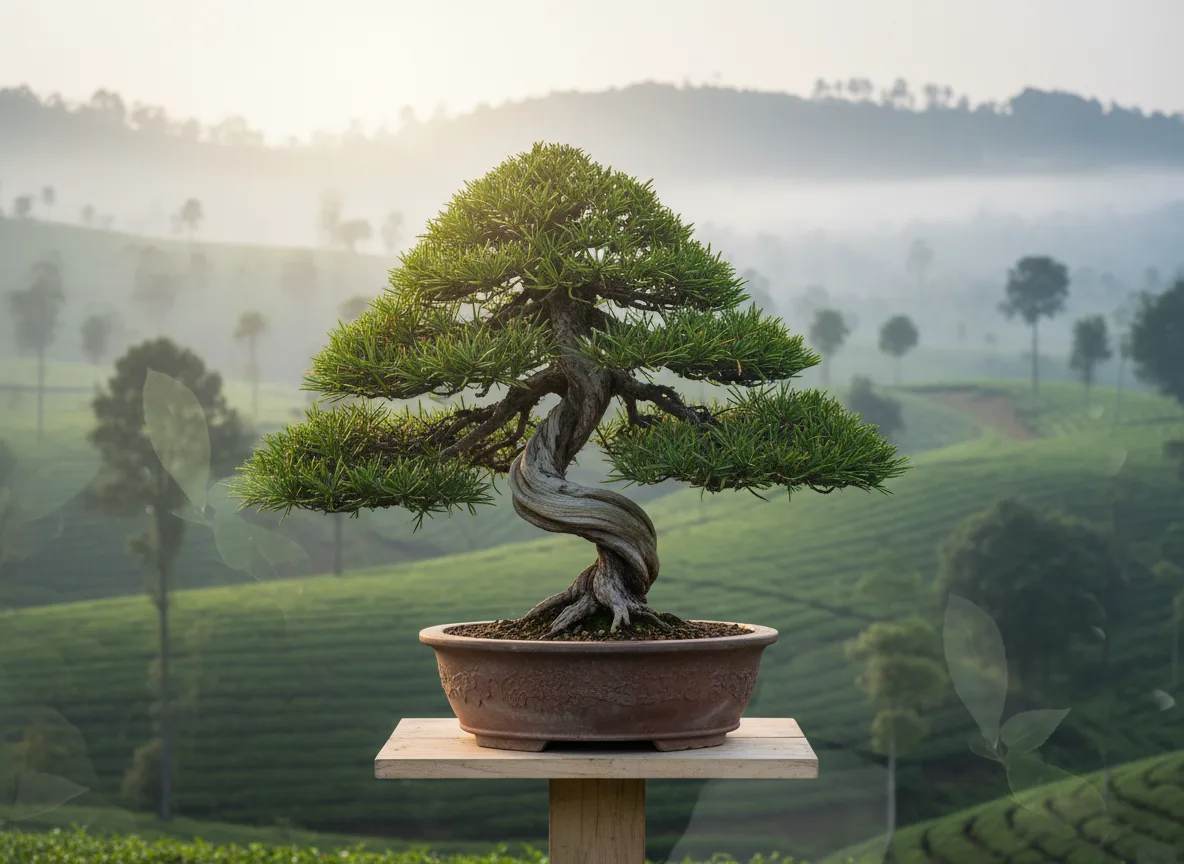 A beautifully styled Khasi Pine bonsai tree in a terracotta pot, with the misty green hills of Assam in the background.
