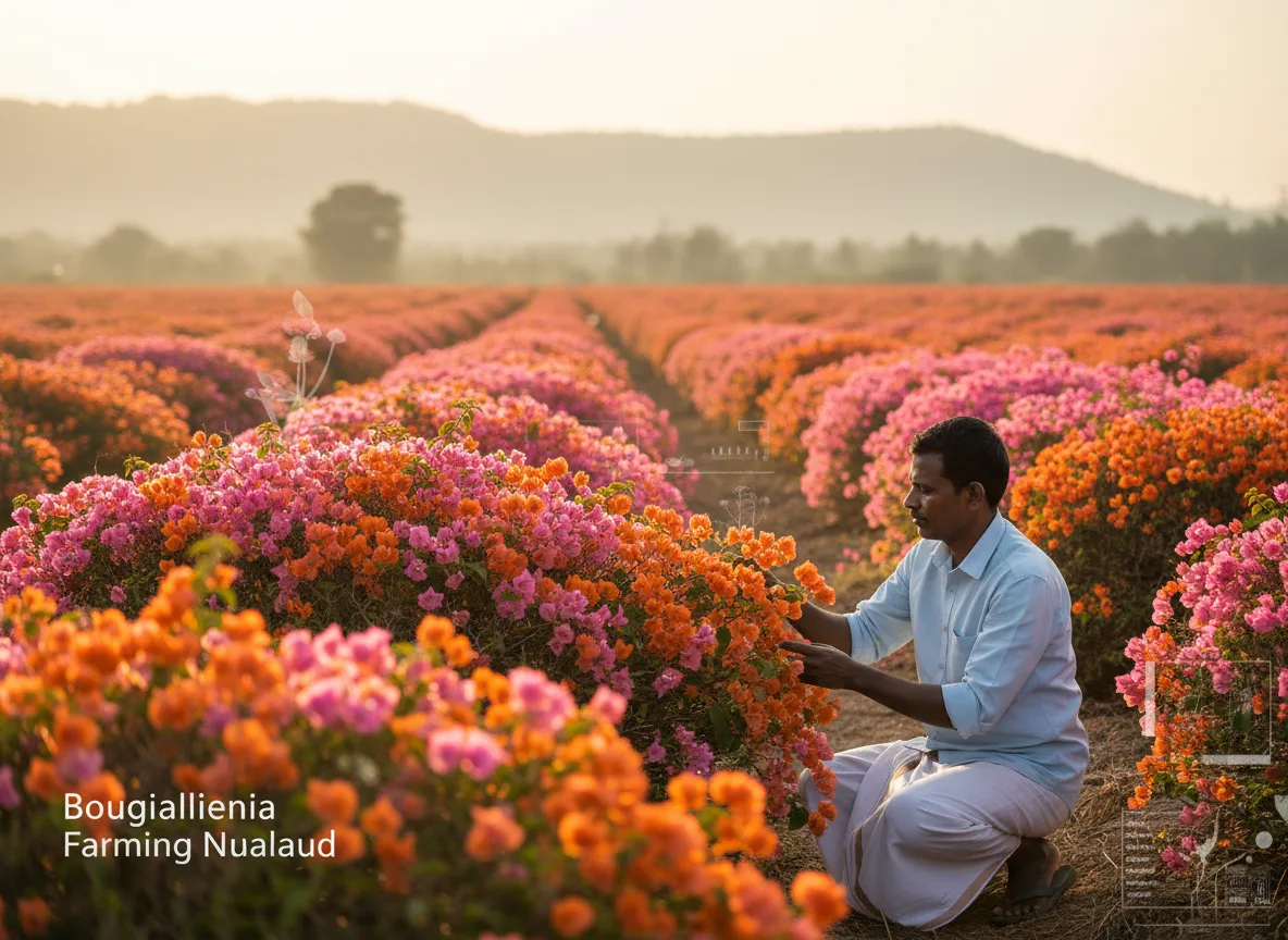 A farmer inspects vibrant pink bougainvillea bushes on a commercial farm in Kongu Nadu, India.