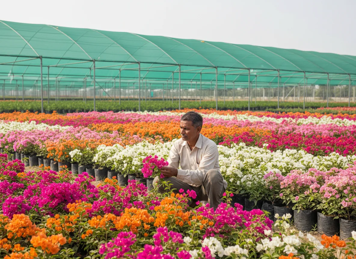 A farmer inspects a vibrant magenta bougainvillea plant in his sprawling nursery in the Gangetic plains, India.