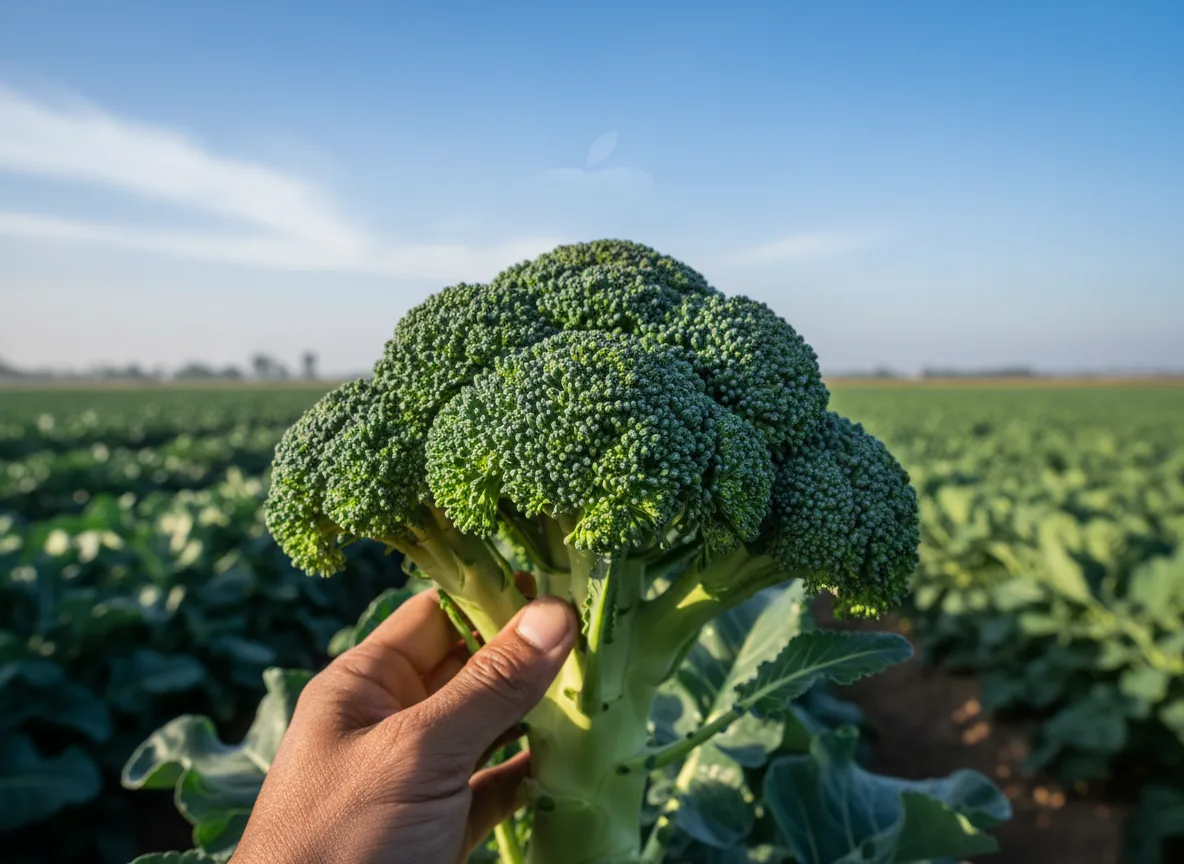A large, vibrant green broccoli head ready for harvest in a sunlit field in Bhopal, India.