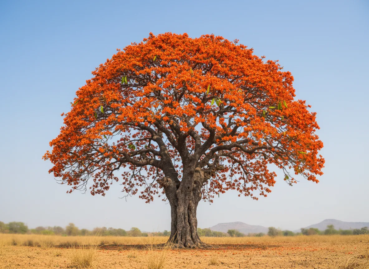 A mature Palash tree, also known as the Flame of the Forest, covered in vibrant orange flowers, standing in a dry field in Bundelkhand.