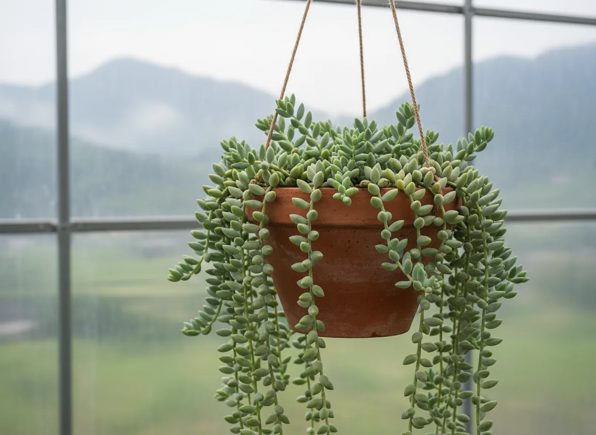 A mature Burro's Tail succulent with long, trailing stems in a hanging basket inside a nursery in Mizoram.