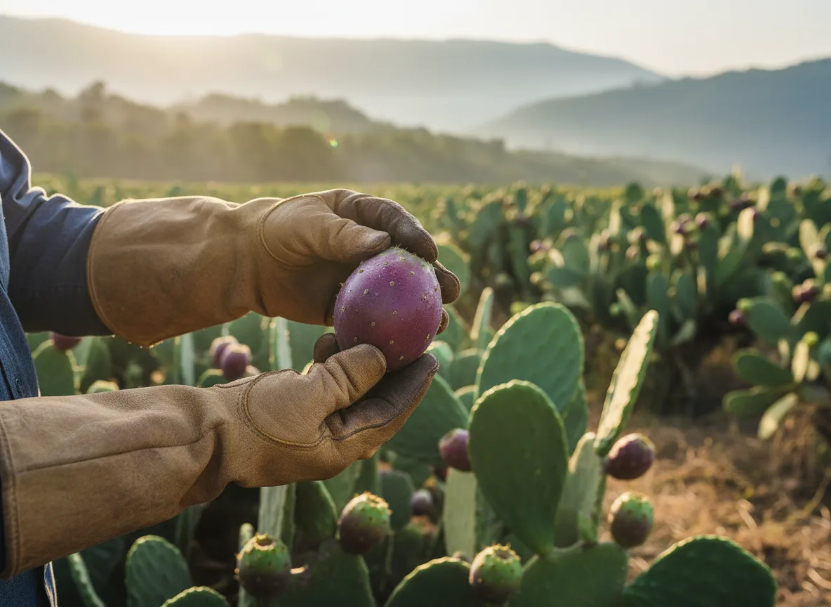 Farmer in the Western Ghats wearing gloves to harvest ripe purple prickly pear cactus fruit from an Opuntia plant.