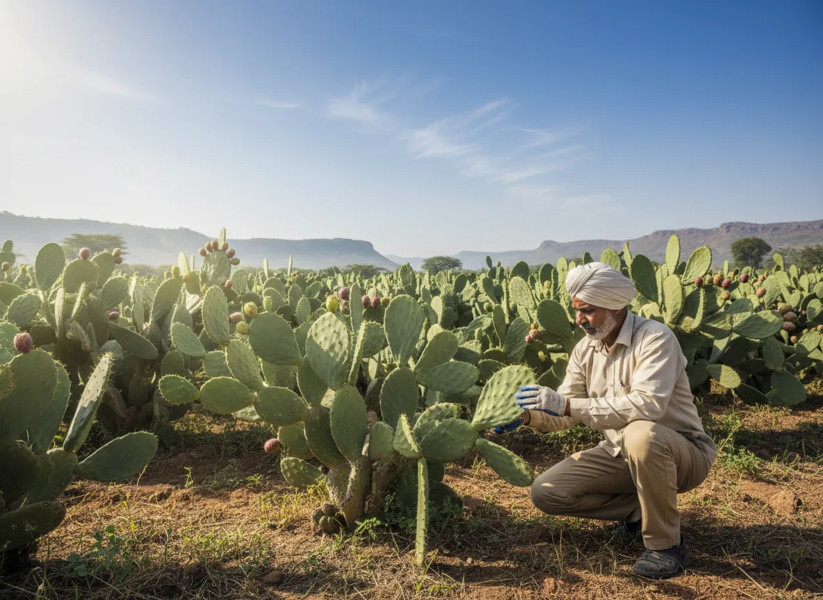 A farmer in Pune inspecting a spineless Opuntia cactus plant in a well-managed plantation, showing successful cactus farming.