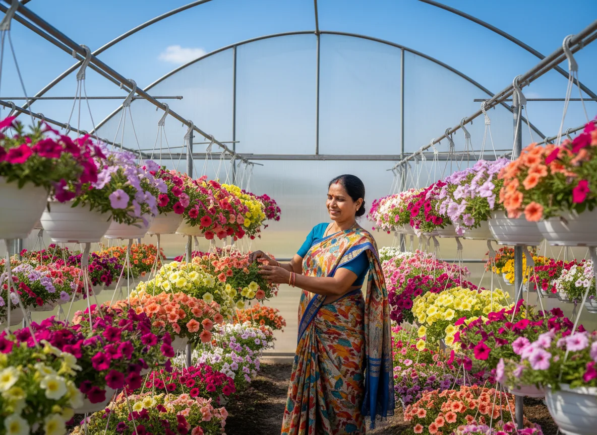A female farmer in Madhya Pradesh inspecting vibrant, multi-colored Calibrachoa flowers in hanging baskets at her nursery.