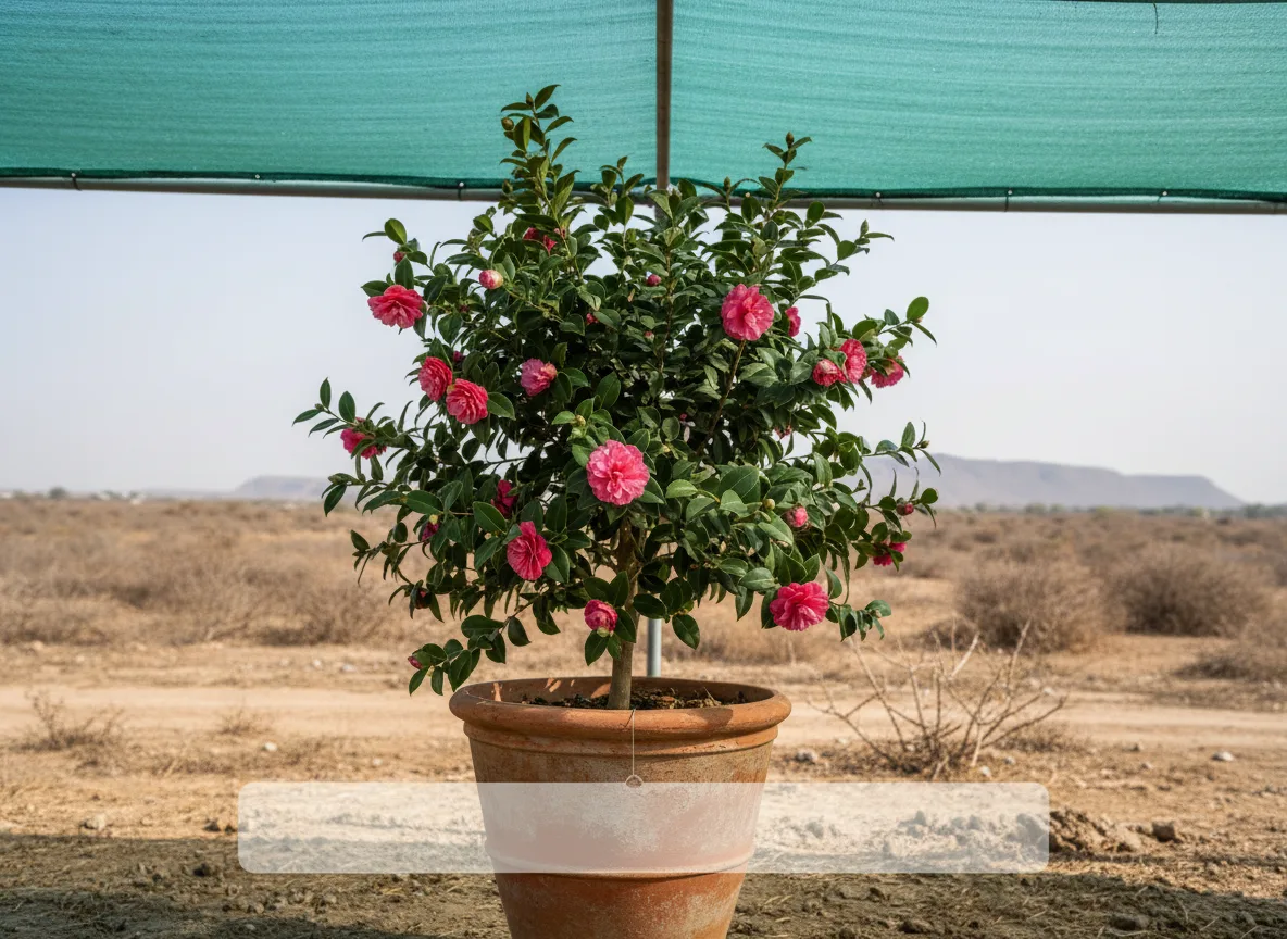 A vibrant pink Camellia flower blooming successfully in a pot under a shade net in the arid climate of Kutch, Gujarat.