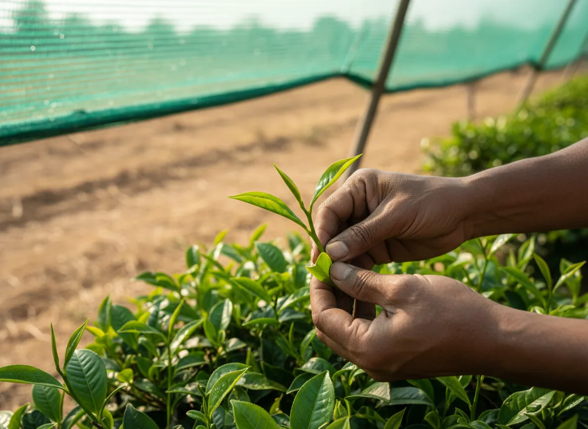 A farmer inspects the leaves of a healthy Camellia tea plant growing under a shade net in Marathwada, India.