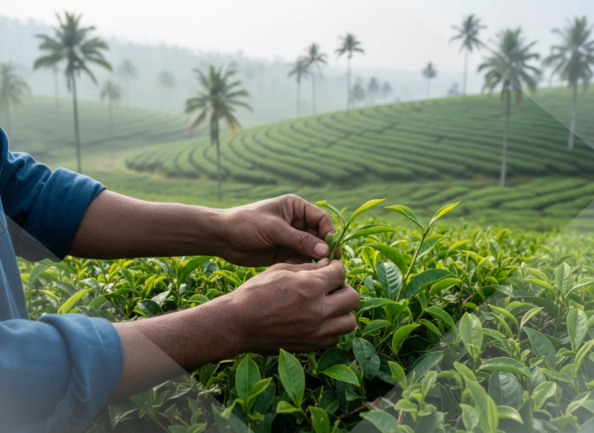 A farmer carefully plucking fresh tea leaves from a Camellia sinensis bush on a plantation in the Konkan region.