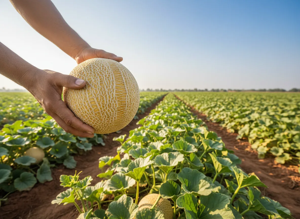 A farmer in a Kurnool field inspects a ripe, perfectly netted cantaloupe ready for harvest, with healthy vines in the background.