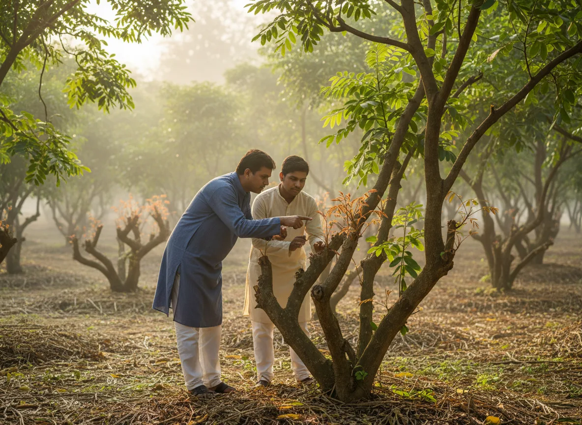 A Bihari farmer in a lush orchard, teaching how to inspect and harvest shoots from a coppiced Cassia (Tejpat) bush.