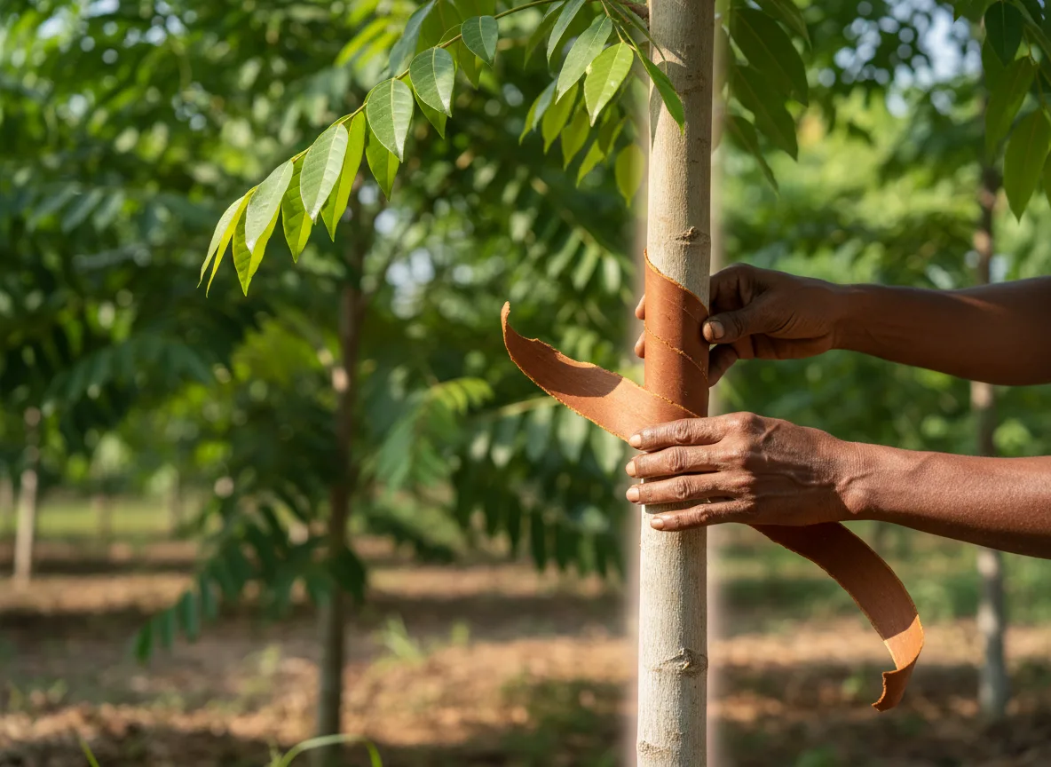 A farmer in a Kerala plantation carefully harvesting a long strip of fresh Cassia bark from a tree.