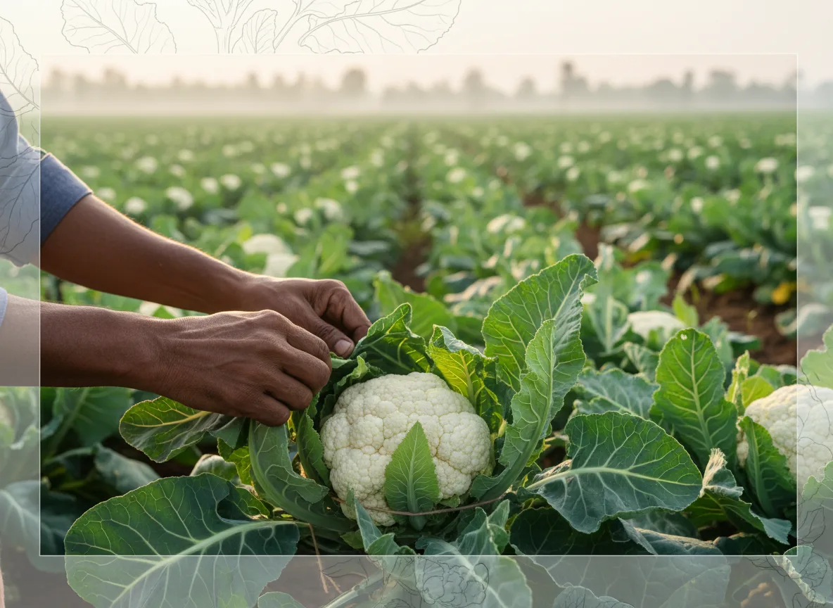 A farmer in Tamil Nadu practices blanching by tying leaves over a cauliflower curd to protect it from the sun.