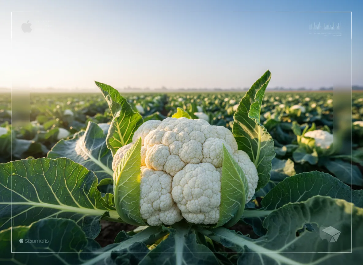 A large, white cauliflower curd ready for harvest in a sunlit field in Rajasthan.