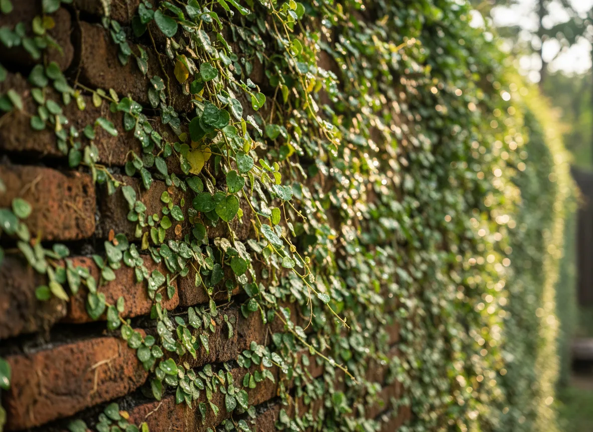 A dense wall of healthy green Creeping Fig (Ficus pumila) leaves, showcasing its use in vertical gardening.