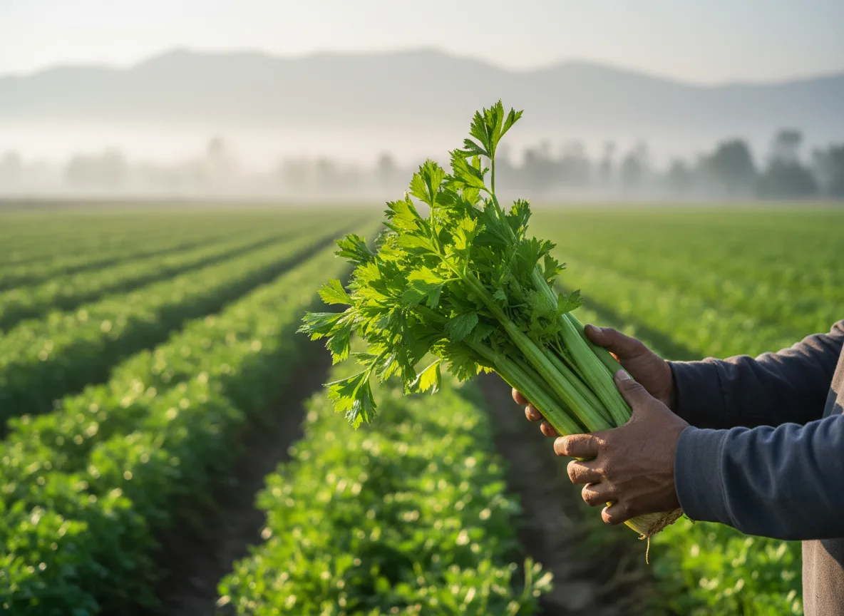 A farmer holding a freshly harvested bunch of green celery in a field in South Karnataka.
