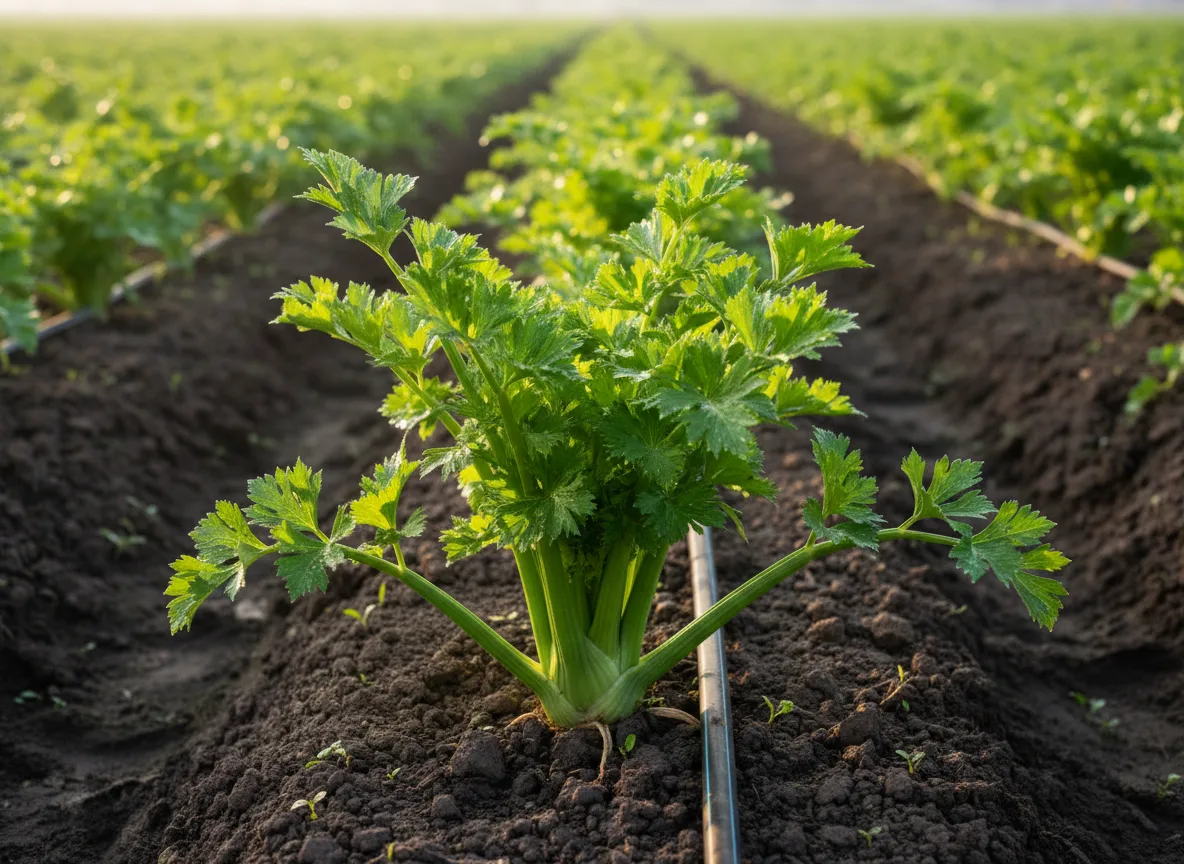 A healthy celery plant with vibrant green stalks growing in a well-irrigated field in Coastal Andhra Pradesh.