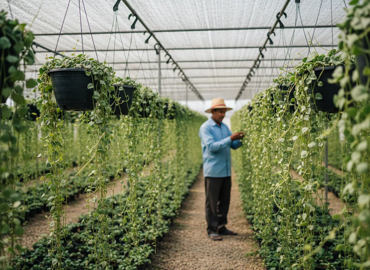 A view inside a commercial shade net house with rows of healthy Chain of Hearts plants in hanging baskets, showcasing successful cultivation.