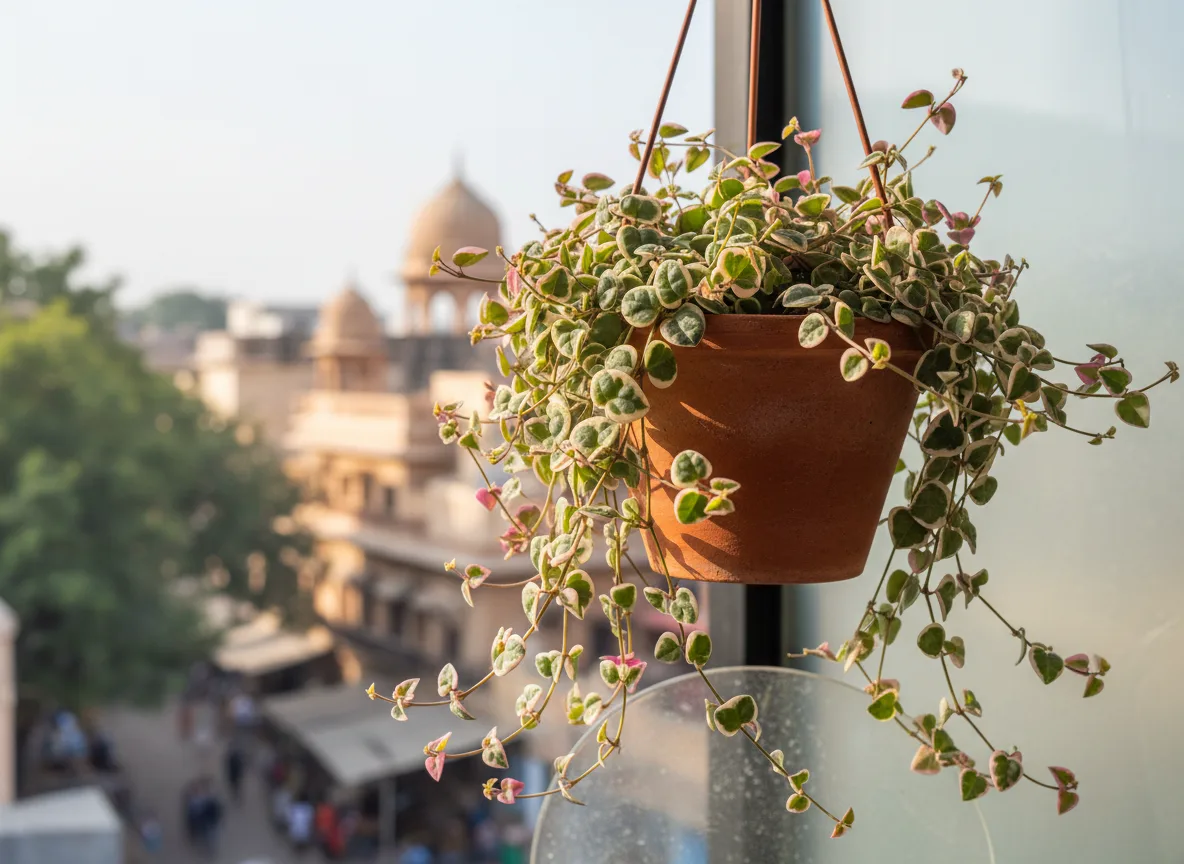 A healthy, variegated Chain of Hearts plant with pink and green leaves trailing from a terracotta pot on a balcony in Junagadh.