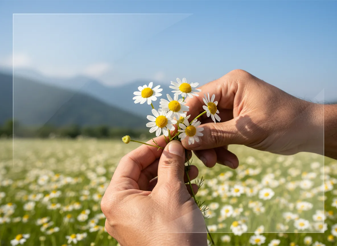 A farmer carefully hand-picking German chamomile flowers in a field in Arunachal Pradesh, with hills in the background.