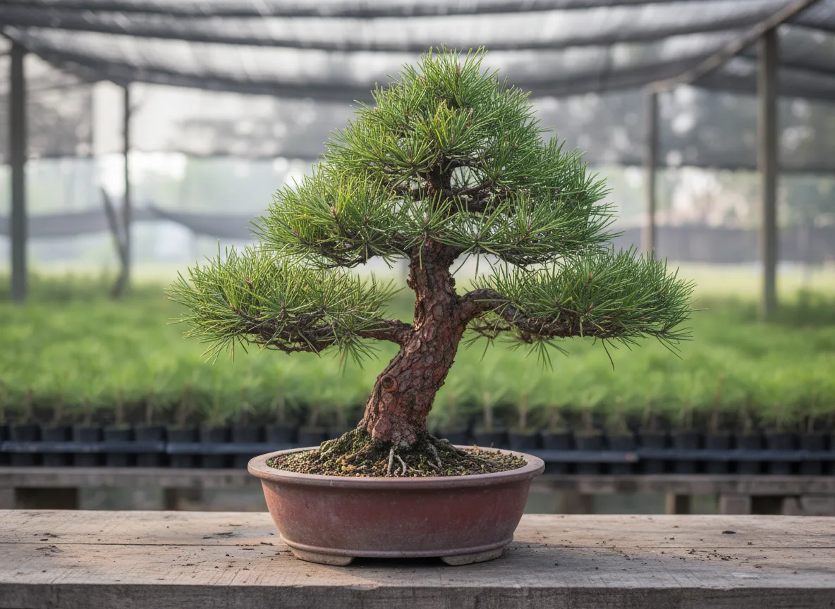 A Chir Pine bonsai tree in a training pot, showcasing techniques for cultivation in Chhattisgarh's climate.