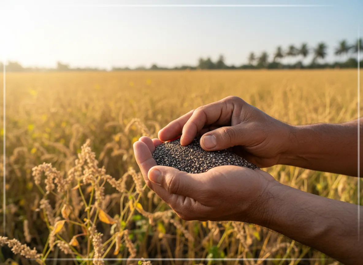 Close-up of a farmer's hands holding a handful of harvested chia seeds with a sunlit field of chia plants in the background in Goa.