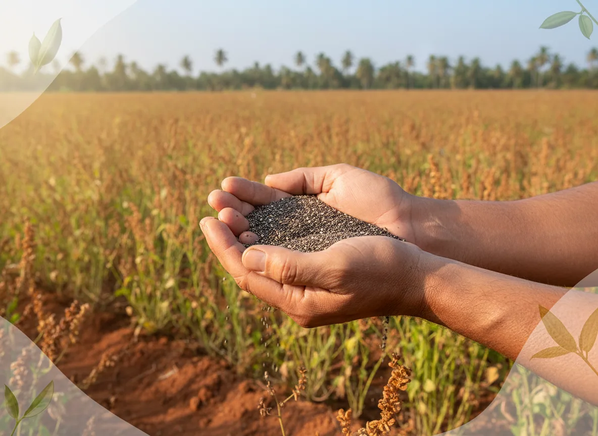 A farmer's hands holding a handful of harvested chia seeds in front of a field in Goa.