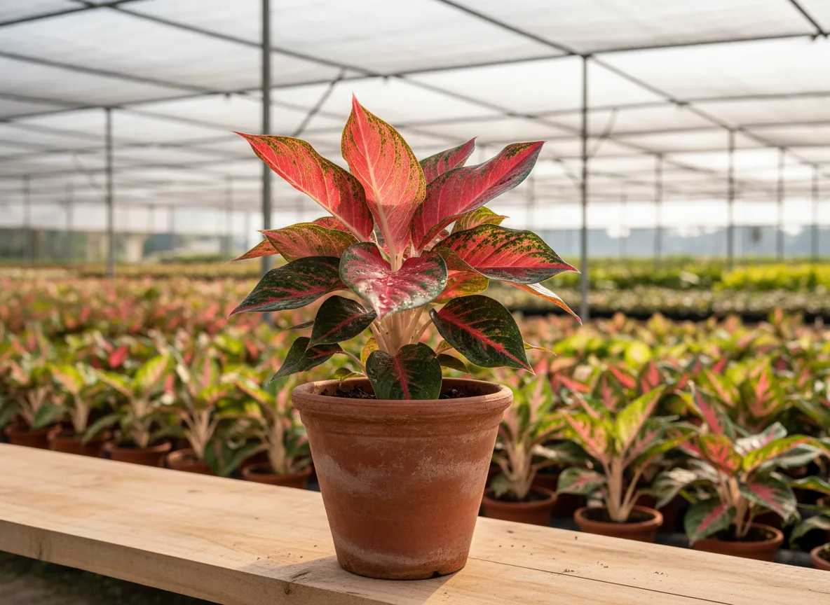 A healthy Chinese Evergreen (Aglaonema) plant with red and green leaves growing in a nursery in Himachal Pradesh.