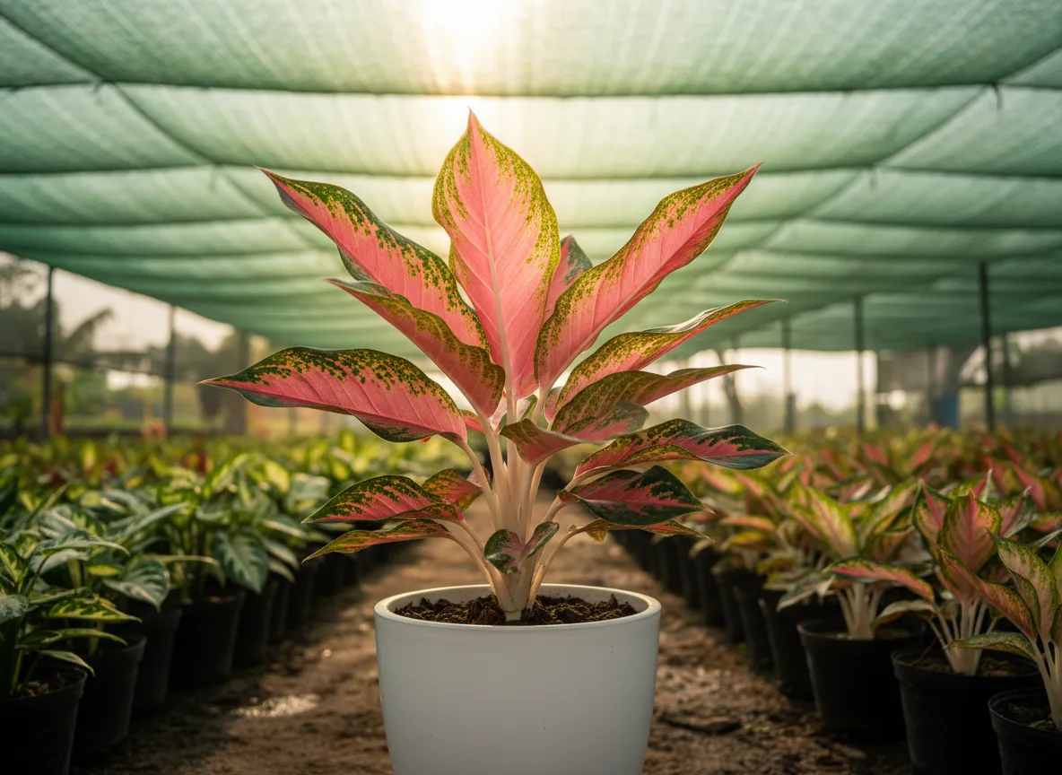 A healthy Red Valentine Chinese Evergreen plant with vibrant pink and green leaves in a Goan nursery.
