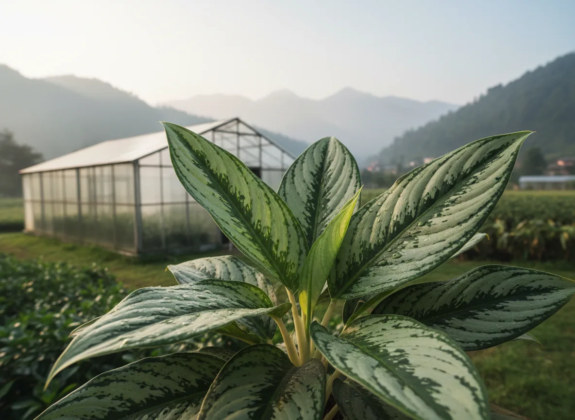 A healthy Chinese Evergreen (Aglaonema) plant with silver and green leaves, growing in a polyhouse in Jammu and Kashmir.