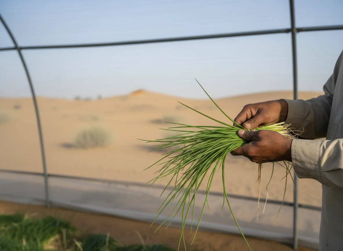 A farmer's hands bundling freshly harvested green chives inside a shade net house in the Thar desert.