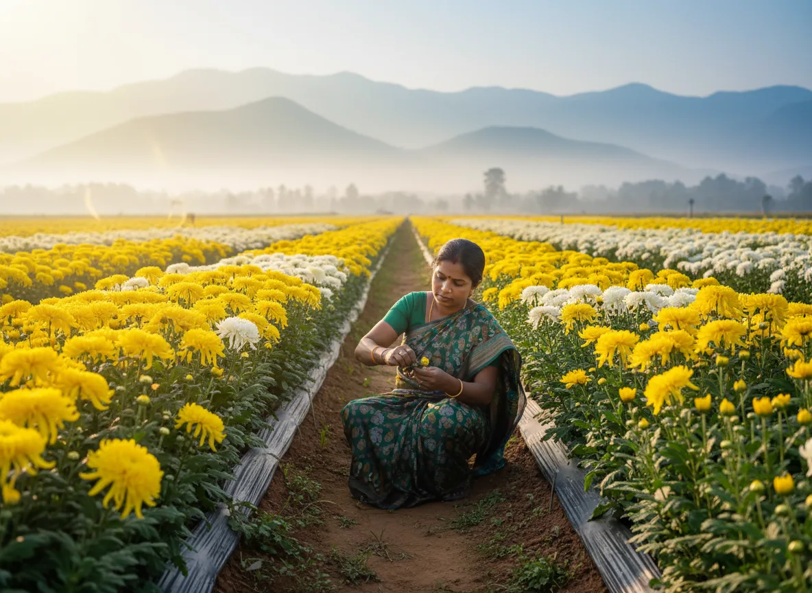 A female farmer tending to rows of yellow and white chrysanthemums on a farm in Kongu Nadu, with mountains in the background.