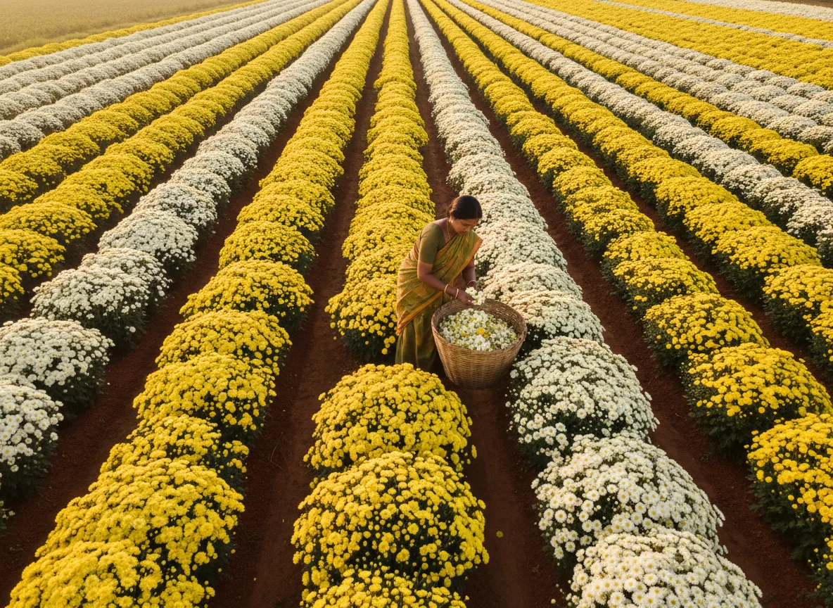 A farmer harvesting yellow and white chrysanthemum flowers in a field in South Karnataka.