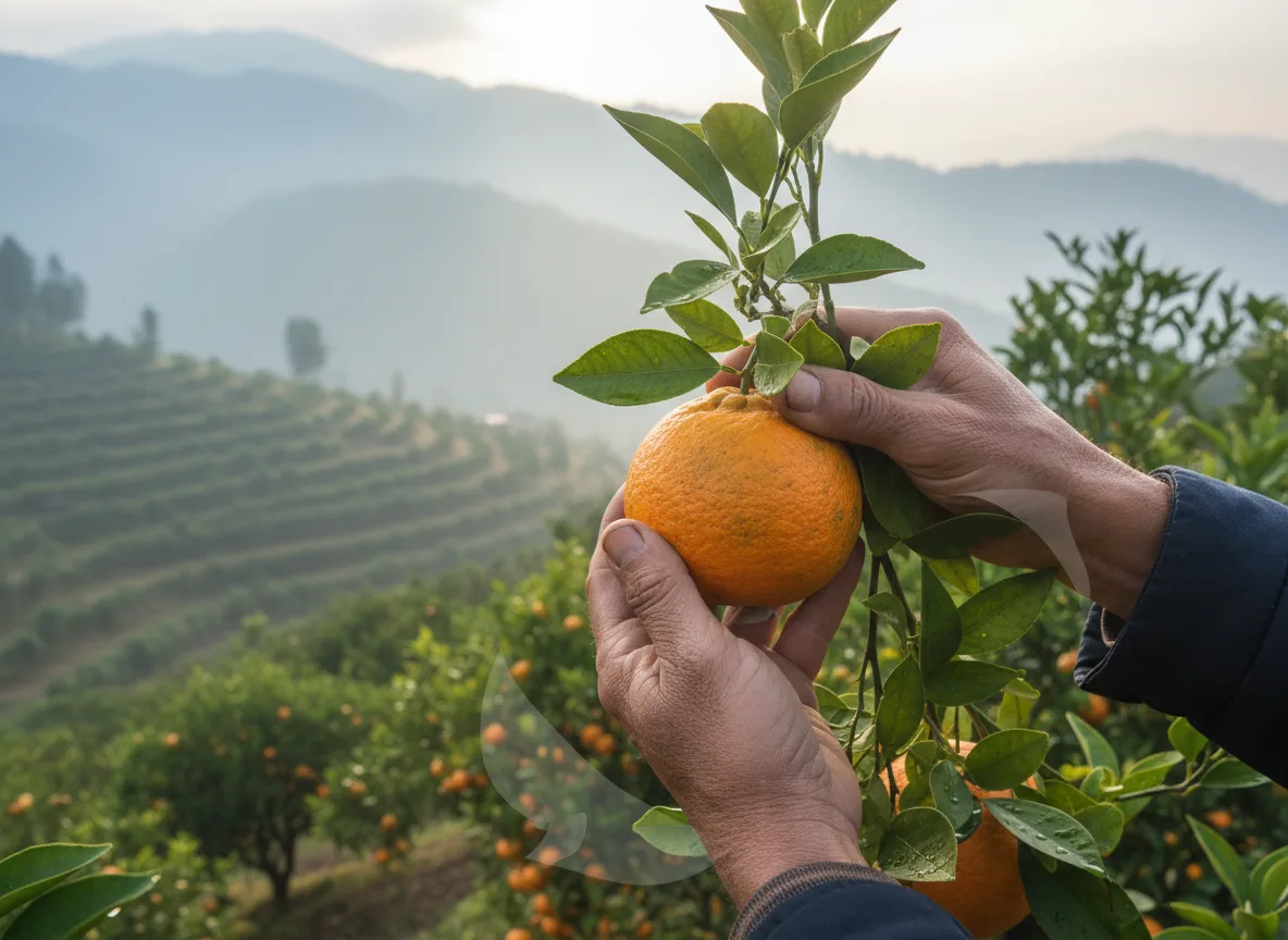 A farmer carefully harvesting a ripe Khasi Mandarin orange from a tree in a terraced orchard in Arunachal Pradesh.