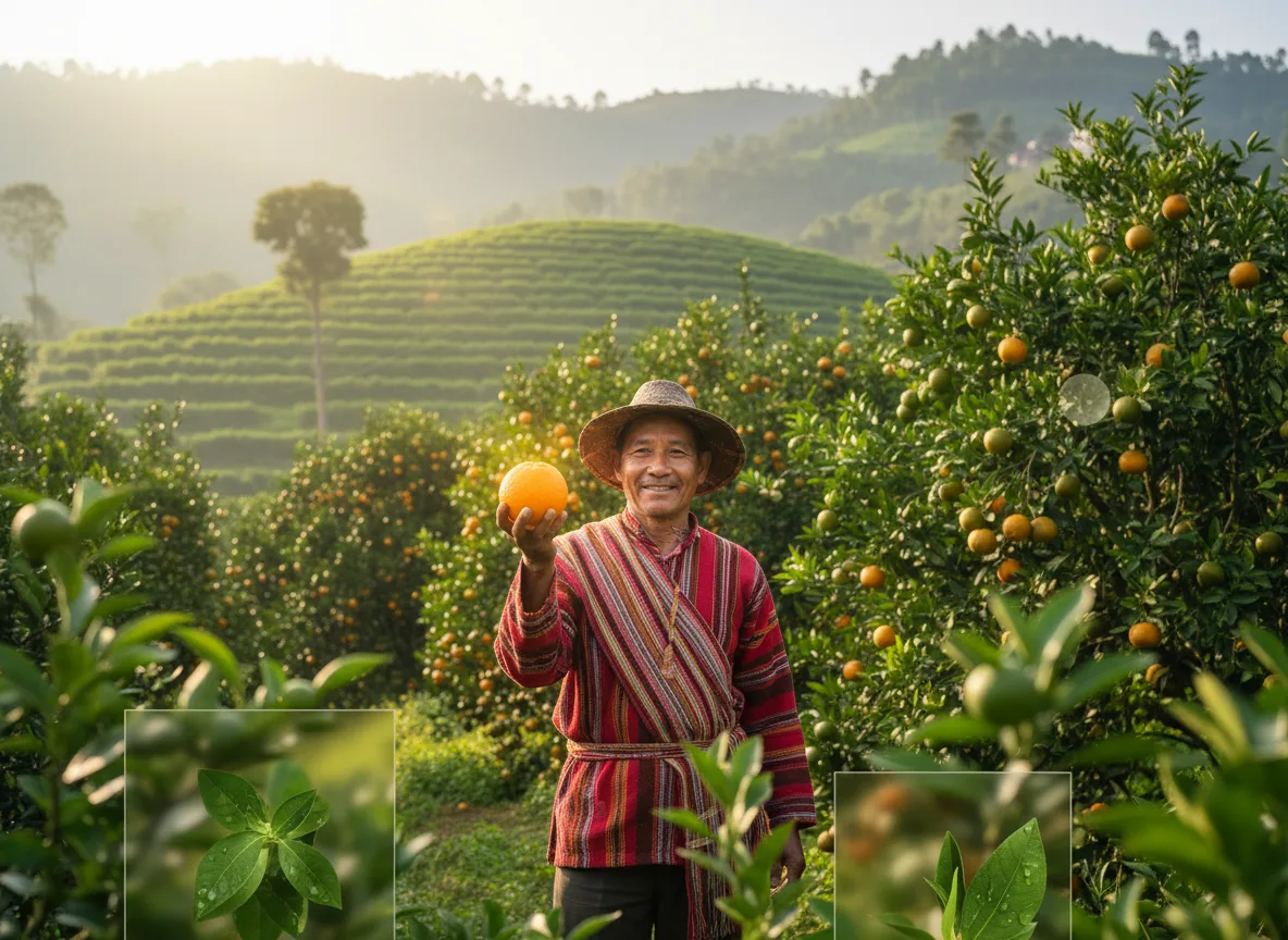 A Naga farmer in his terraced orchard in Nagaland, holding a ripe Khasi Mandarin orange.