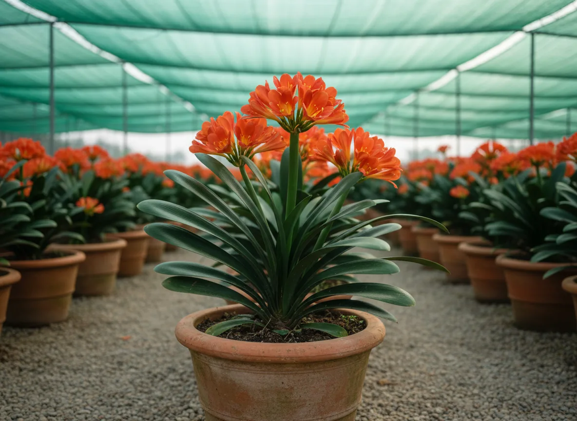 A vibrant Clivia miniata plant with a cluster of orange flowers, growing in a pot inside a commercial shade house in Ahmednagar.