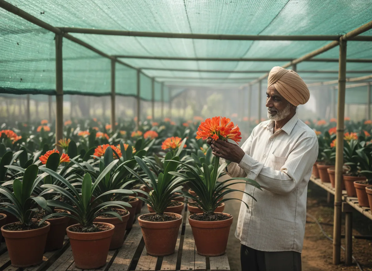 An Indian farmer carefully examining a flowering Clivia miniata plant in a pot inside a shade house.