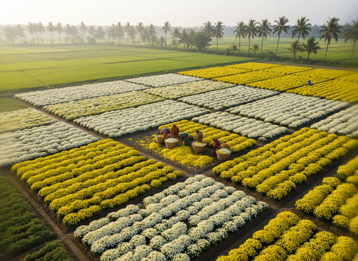 A field of yellow and white chrysanthemum flowers being harvested by farmers in Coastal Andhra Pradesh.