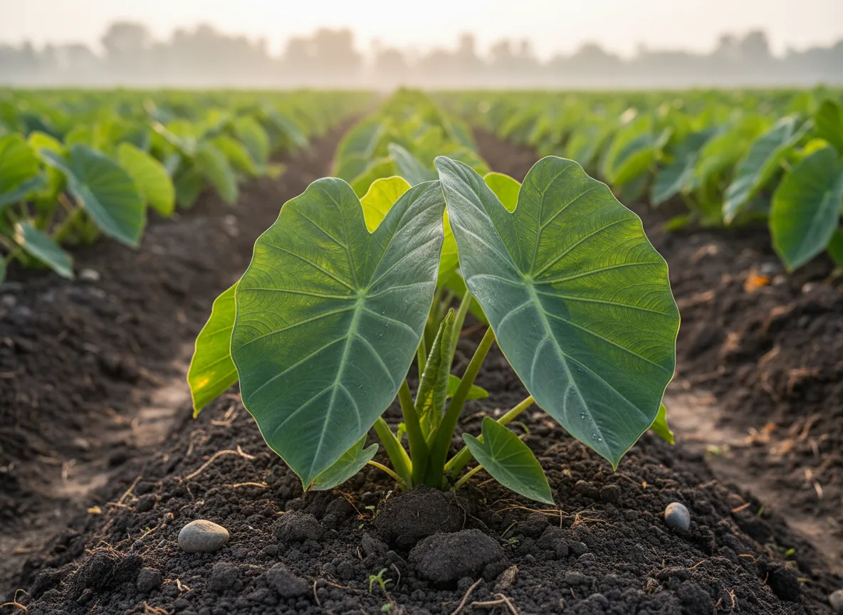 A healthy Colocasia (Arbi) plant with large green leaves growing in a well-managed field in Rajasthan.
