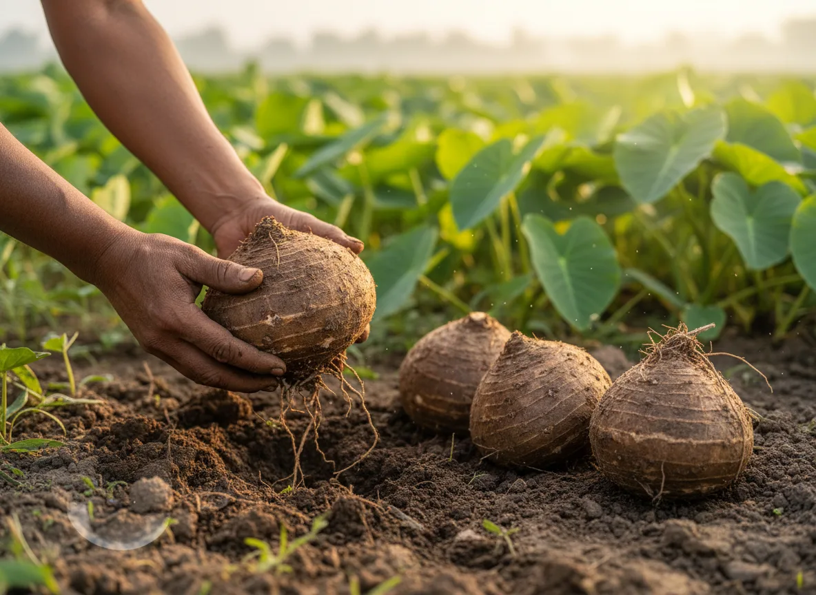 Farmer harvesting a large Colocasia corm (Chamadumpa) from the soil in a field in Andhra Pradesh.