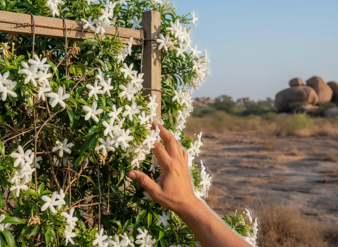 A farmer's hand touching a healthy vine of white Confederate Jasmine flowers growing on a trellis in Bundelkhand.