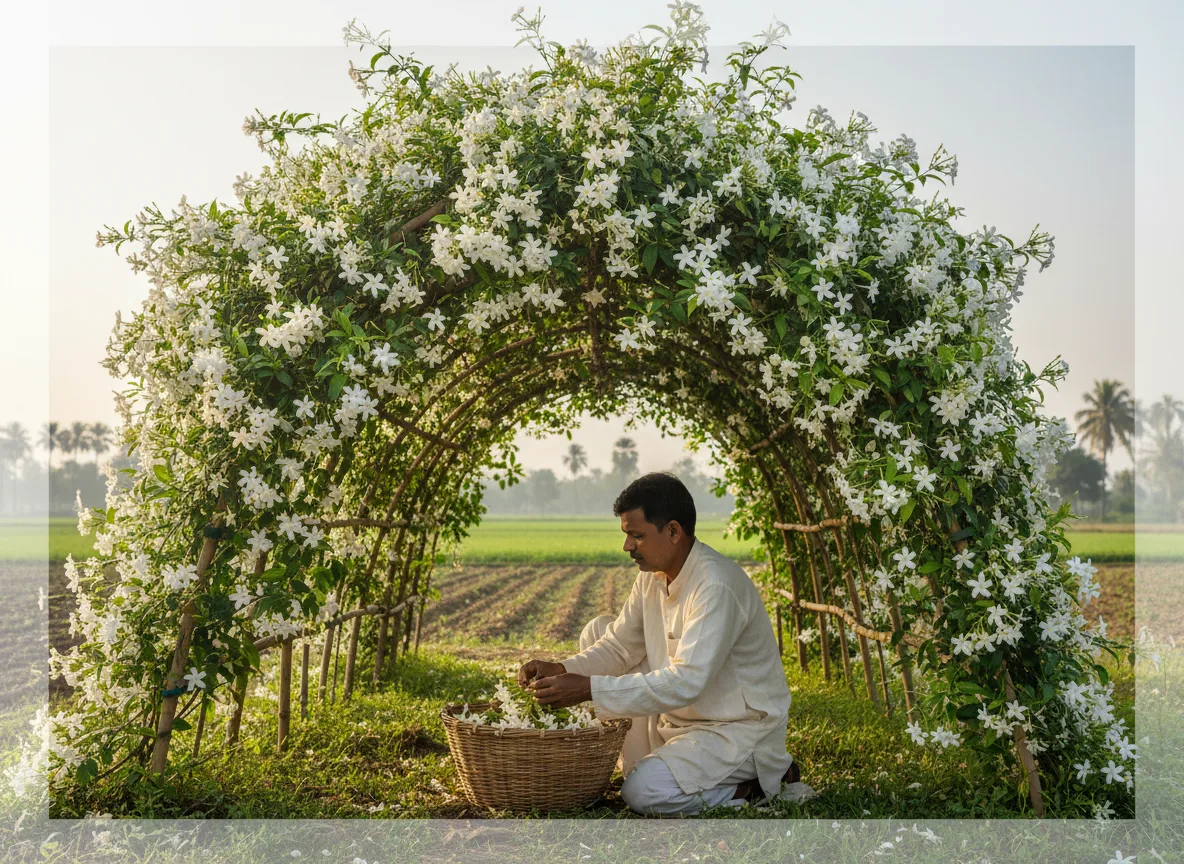 An Indian farmer harvesting white Confederate Jasmine flowers from a large trellis on a farm in Purvanchal.
