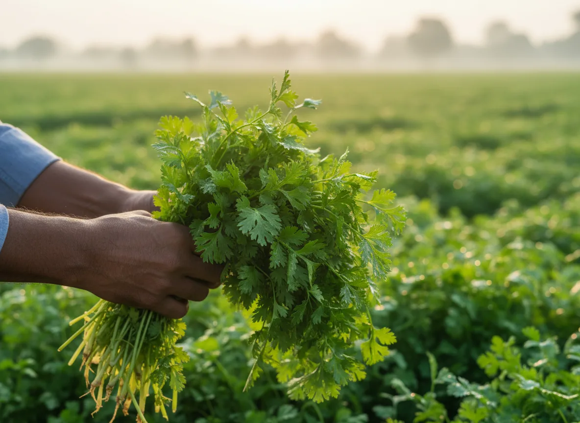 A farmer in Madurai harvesting fresh, green coriander (kothamalli) from a field, ready for the market.
