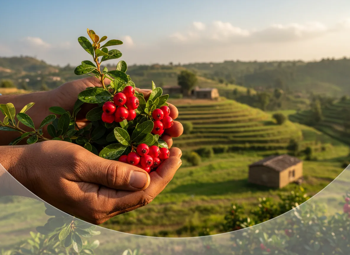 A farmer in Chhattisgarh inspects the ripe red berries of a Cotoneaster shrub, a high-value crop for the region.