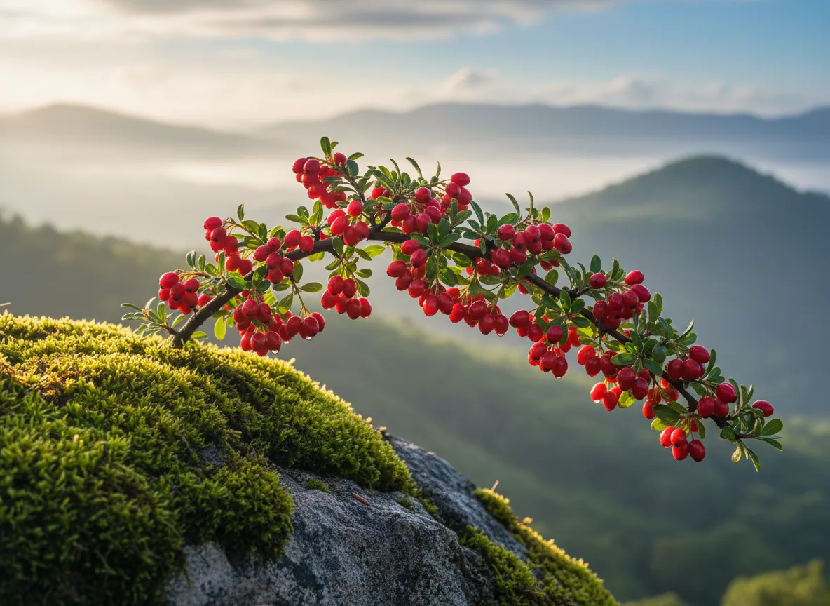 A branch of Cotoneaster covered in bright red berries, thriving in the hilly landscape of Odisha, ready for harvest.