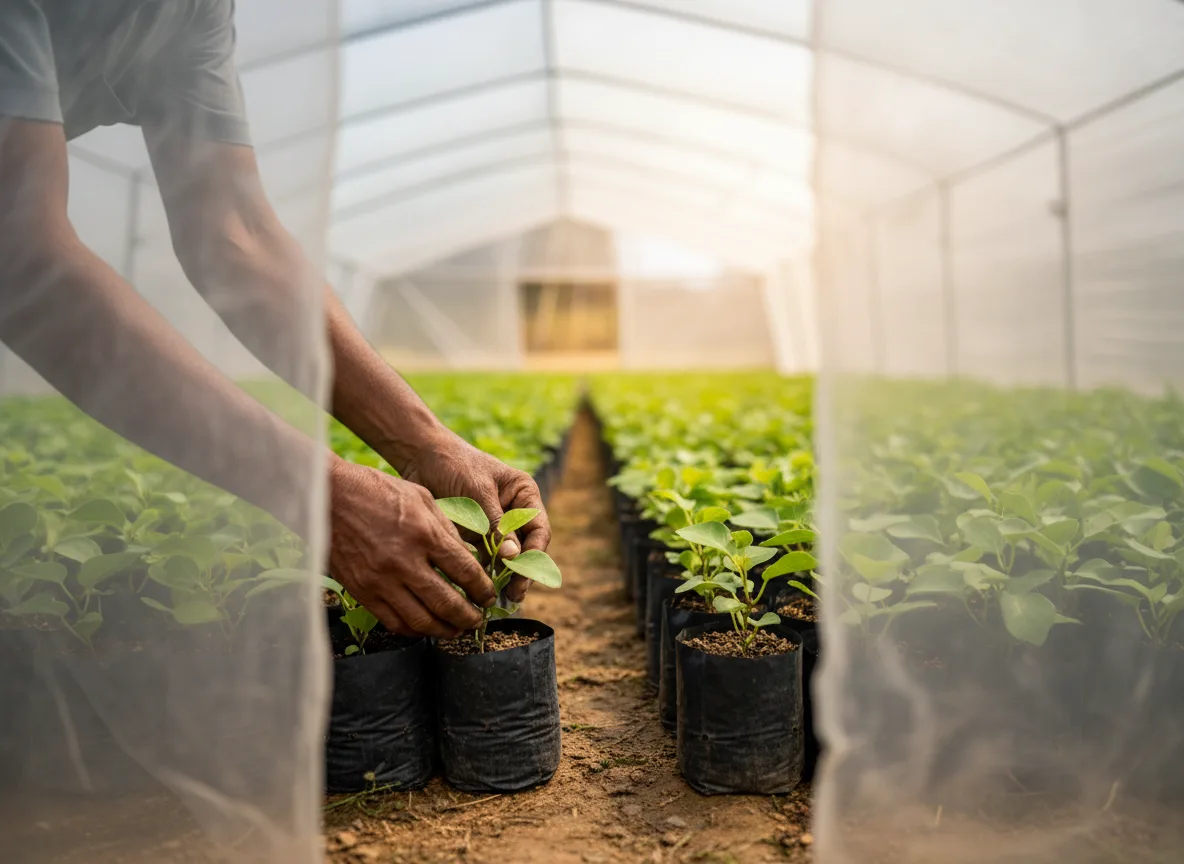 A farmer's hands tending to young Creeping Fig saplings in a nursery located in the Krishna Godavari region of India.