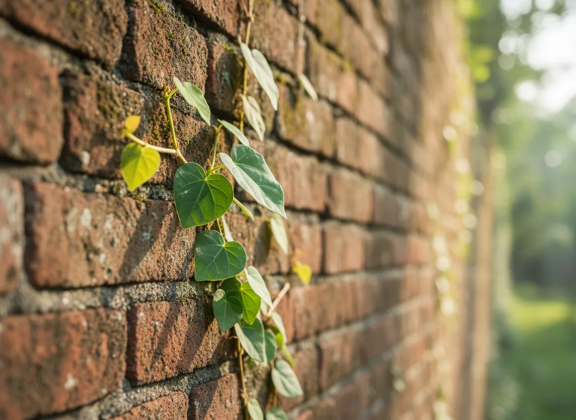Close-up of lush green Creeping Fig (Ficus pumila) leaves growing on a rustic red brick wall in soft sunlight.
